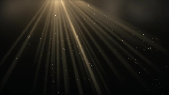 Golden sunbeams piercing through darkness with sparkling dust particles creating a mystical atmosphere