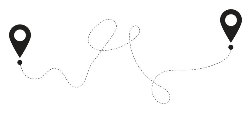 Route icon between 4 points with dotted path and location pin. Travel from start point and dotted line tracing.