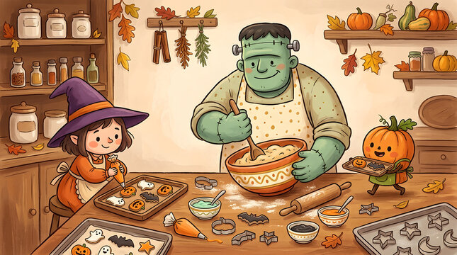 Cute 2D cartoon monsters baking ghost-shaped Halloween cookies