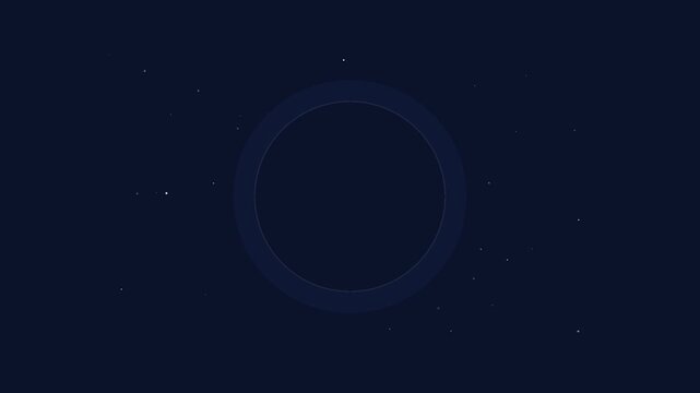 Minimalist illustration of a dark ringed planet floating in deep blue space with faint stars.