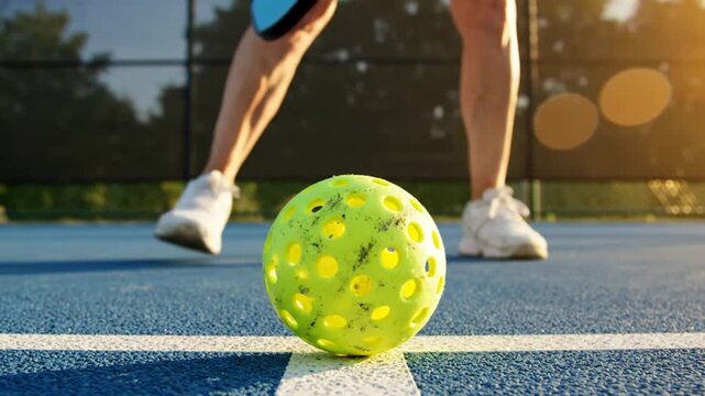 Close up of yellow pickleball bouncing on a blue court during a sunny outdoor match.