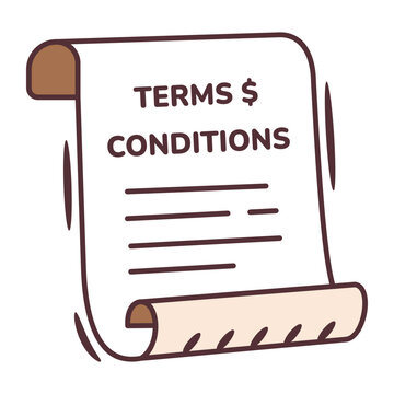 In this flat icon, a curled document displays terms and conditions. Rounded dark lines and soft colors keep the flat design clear. Clear detail.