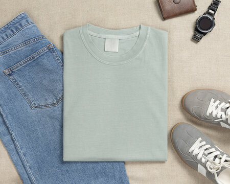 Blank light green folded t-shirt mockup, crewneck flat lay with jeans and mens accessories
