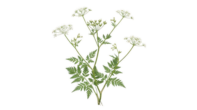 Isolated cow parsley plant with white flowers and green feathery leaves on a clean white background transparent background