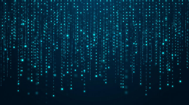 Glowing cyan digital data squares and dots falling on dark background, matrix style particle rain for technology and cyberspace concepts