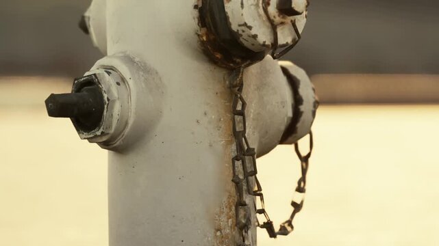 A fire hydrant stands weathered and proud beside a tranquil waterfront as the sun sets, casting a golden glow over the scene, enhancing the beauty of this urban landscape.