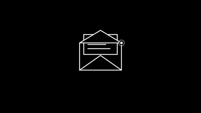 Minimal white line icon of an open envelope with a document and notification dot on black background.