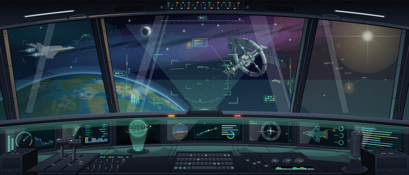 Spaceship cockpit view with Earth and space station