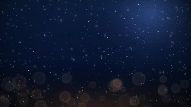 Magical night sky with falling snow and bokeh lights in a seamless loop video clip