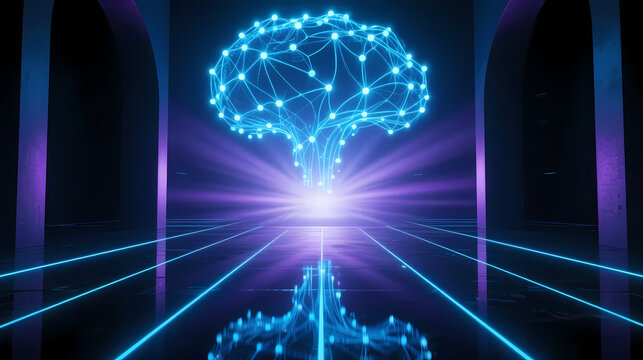 Neuron network brain model in purple tunnel