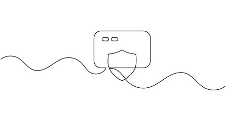 Obraz premium Credit card with shield protection continuous line drawing minimalist payment finance editable stroke vector illustration