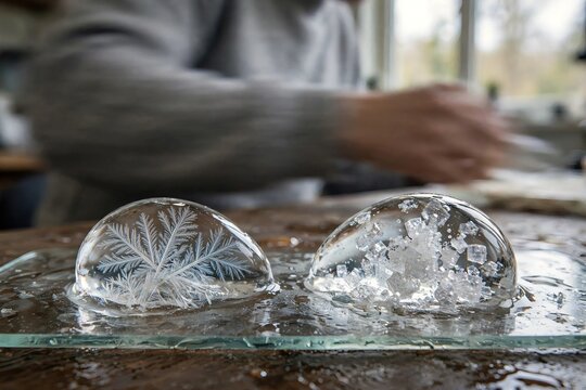 Close up of dendritic and cubic crystallization process inside liquid drops on a glass surface with a blurred scientist conducting a chemistry experiment indoors