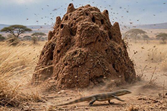 Monitor lizard Varanus exanthematicus running past a large termite mound in the dry African savanna with flying Isoptera insects kicking up dust in its natural habitat