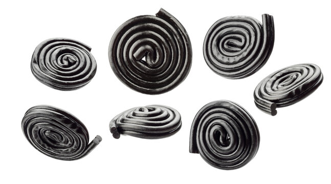 Liquorice candy wheels variety, isolated on transparent background. PNG Image.