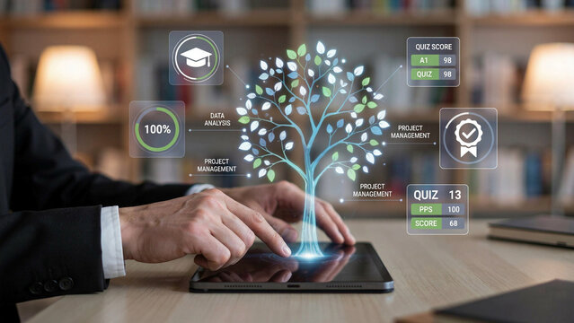 Person's hands interacting with a digital tree of knowledge and data analysis on a tablet in a modern office setting