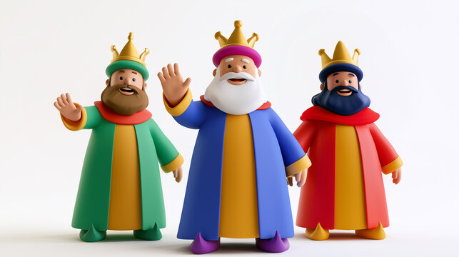 Three wise men cartoon characters waving with golden crowns on white background, 3d render of magi kings for christmas and epiphany concept. 