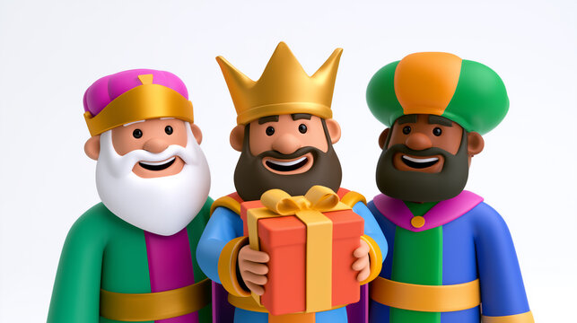 Three wise men cartoon characters holding gift box with golden crown on white background, 3d render of magi kings for christmas and epiphany concept. 