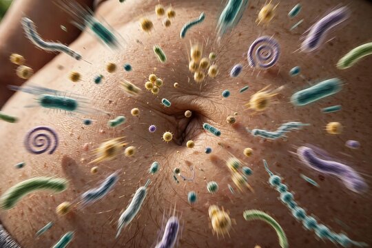 Microscopic view of various bacteria and microorganisms floating around a fair skinned human belly button representing the skin microbiome and hygiene concept