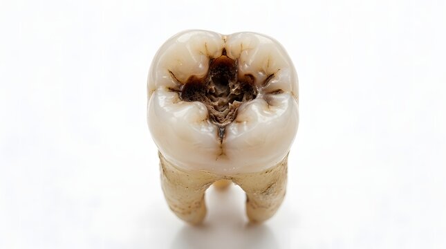 Close up of a human molar tooth with visible decay and dental fillings isolated on white