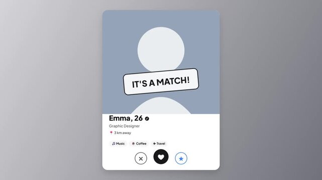 Dating app profile match pop up animation. Social media card swipe interface layout. Digital matchmaking notification UI mockup. User profile connection alert. Minimalist dating app template