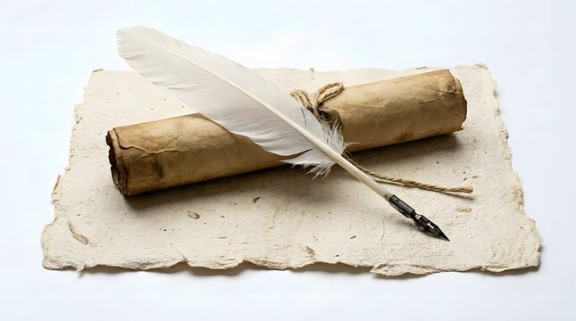 Vintage composition with rolled paper and feather quill on aged parchment background