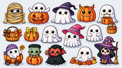 Fototapeta premium Set of 15 chubby cartoon Halloween characters on a white background, glossy sticker-style rendering with soft highlights, big round eyes and simple smiles, mummy in tan bandages, g