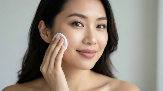 Woman gently cleansing her face with a cotton pad for skincare routine