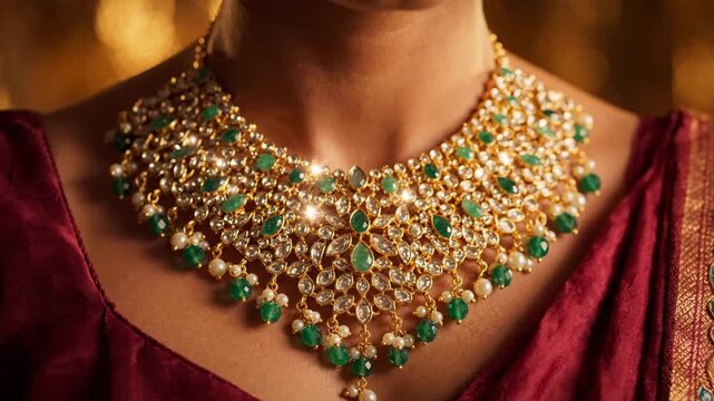 Woman wearing ornate gold diamond emerald necklace traditional indian attire wedding jewelry close up macro portrait shot