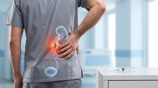 Kidney stones causing flank pain with kidney anatomy overlay and medical injection concept. Urology healthcare illustration