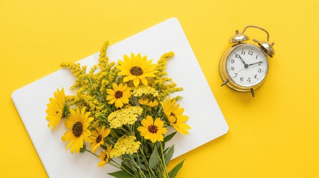 Yellow sunflowers and a silver alarm clock rest on a yellow surface