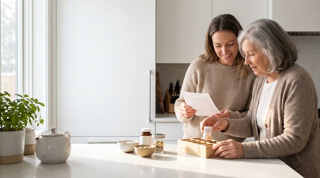 Senior Woman and Adult Daughter Checking Schedule and Organizing Pills at Kitchen Counter