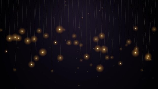 Glowing hanging light orbs background, abstract golden spheres motion loop