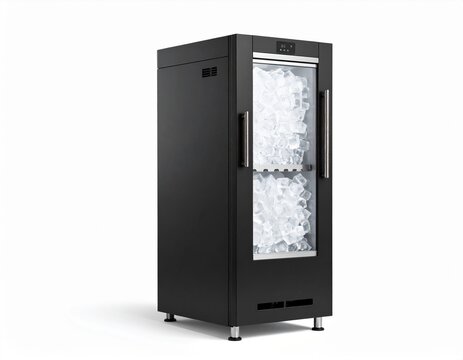 Black commercial ice maker machine with digital display and transparent bin full of ice cubes, isolated on white background.
