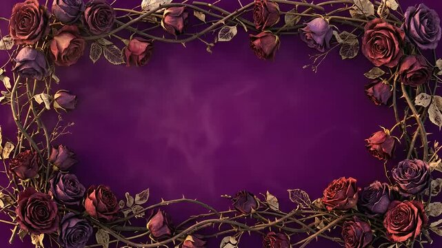 Dark gothic roses and thorny vines framing a purple background
