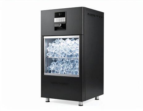 Black commercial ice maker machine with digital display and transparent bin full of ice cubes, isolated on white background.
