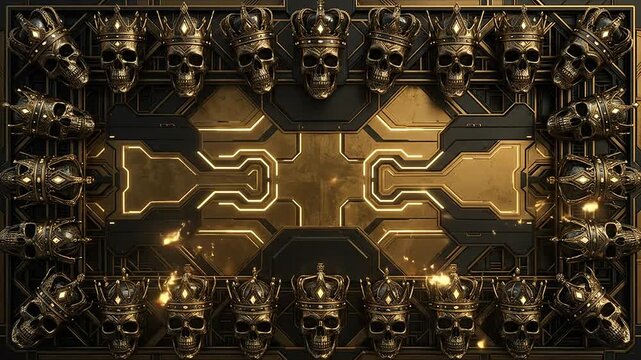 Golden skulls wearing crowns frame a glowing dark sci fi metal wall