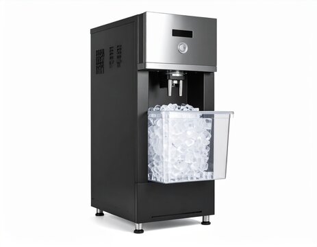 Black commercial ice maker machine with digital display and transparent bin full of ice cubes, isolated on white background.
