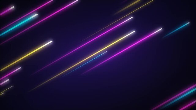 Abstract Neon Light Streaks Moving Diagonally Across Dark Purple Background