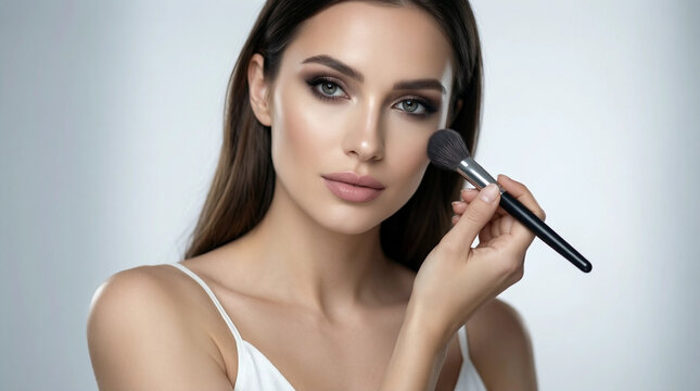 Woman applying makeup with brush, close-up portrait in soft studio lighting for beauty or cosmetic industry