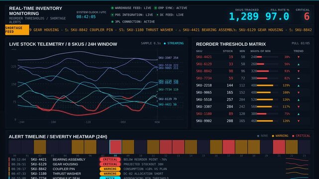 Explore a dynamic real-time inventory monitoring dashboard featuring reorder thresholds and shortage alerts with sleek dark mode design and animated data visualizations.