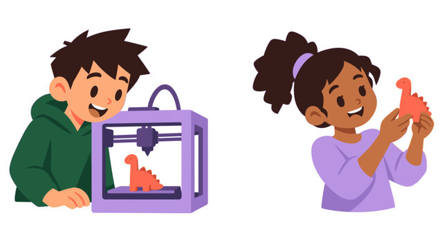 Children making a dinosaur toy with a 3D printer