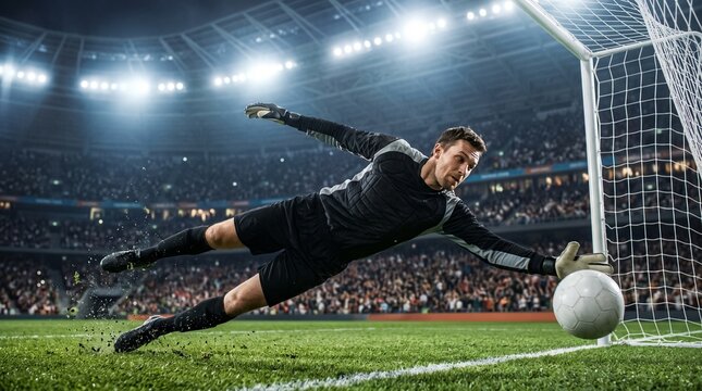 Goalkeeper diving to save the ball in a soccer match at a stadium during a night game