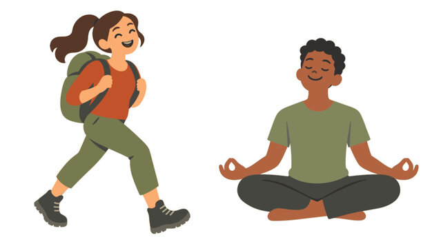 Woman hiking and man meditating in a cross-legged pose