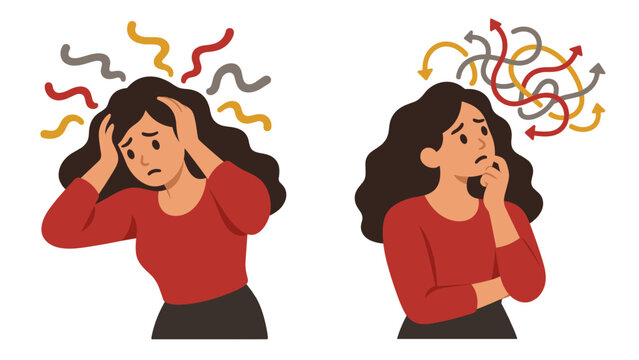 Woman showing stress and overthinking with tangled arrows