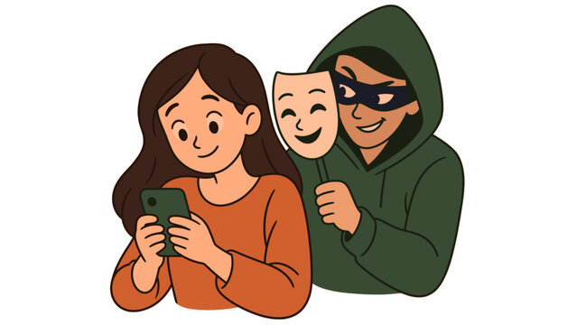 Masked thief spying on a woman using her smartphone