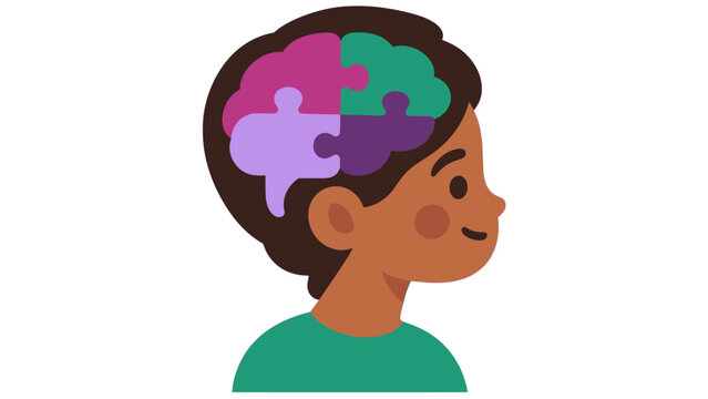 Child profile with a colorful puzzle piece brain