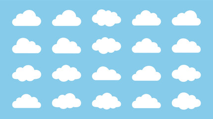 Fototapeta premium Set of white fluffy clouds isolated on blue background for weather design.