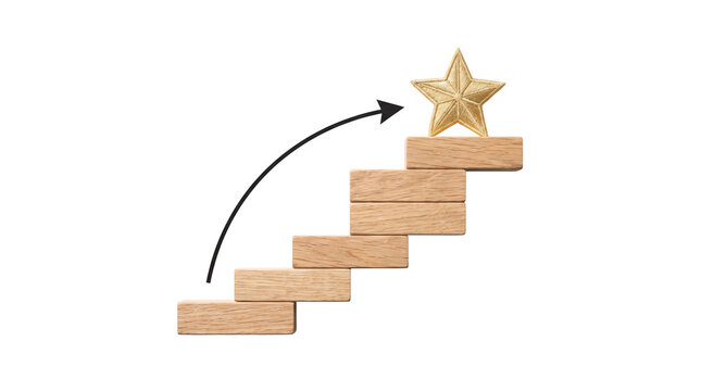Wooden blocks forming a staircase with a golden star isolated on transparent background