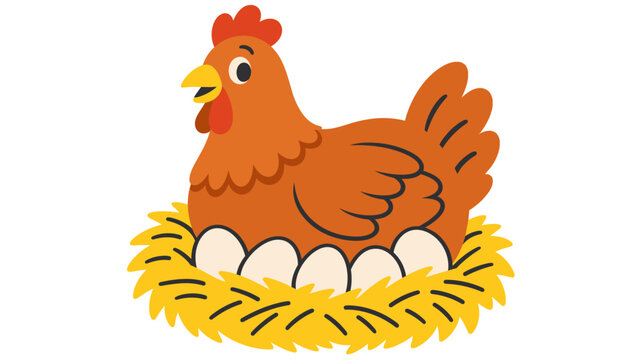 Cartoon hen brooding eggs in a straw nest