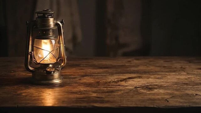 Vintage oil lantern burning on a rustic wooden table in a dark room